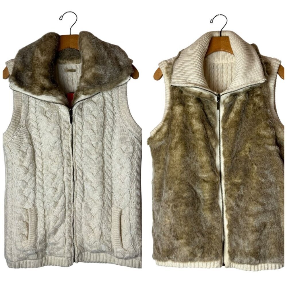 Eivissa Vest Women Medium Ivory‎ Calbe Knit Faux Fur Full Zip Reversible NWT